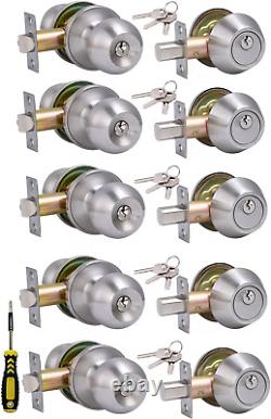 5 Sets Keyed Same Entry Door Knob & Single Cylinder Deadbolt Combo Satin Nickel