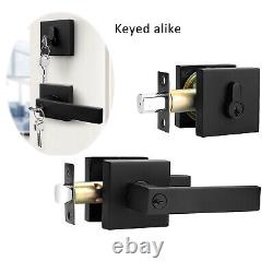 Black Front Entry Door Handle Lock Set Square Keyed Alike Single Deadbolt Lever