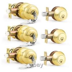 Keyed Alike Front Door Knob and Deadbolt Set Entry 3 Pack Polished Brass Modern