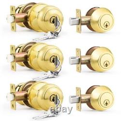 Keyed Alike Front Door Knob and Deadbolt Set Entry 3 Pack Polished Brass Modern