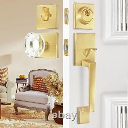 Satin Brass Front Door Handle and Single Cylinder Deadbolt, Front Door Lock Set