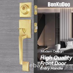 Satin Brass Front Door Handle and Single Cylinder Deadbolt, Front Door Lock Set