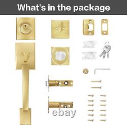 Satin Brass Front Door Handle and Single Cylinder Deadbolt, Front Door Lock Set