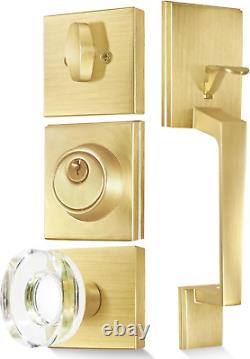 Satin Brass Front Door Handle and Single Cylinder Deadbolt, Front Door Lock Set