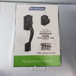 ^ Schlage Camelot Handleset With Georgian Knob Matte Black Front Entry FE285 NEW