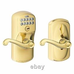 Schlage Plymouth Bright Brass Electronic Keypad Door Lock with Flair Handle &
